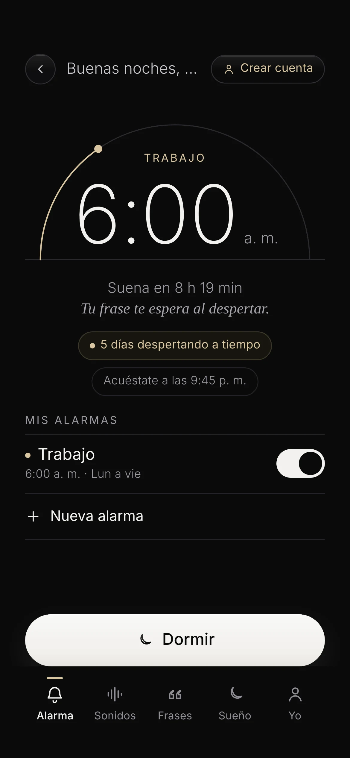 La pantalla de inicio con la alarma de las 6:00 a. m.